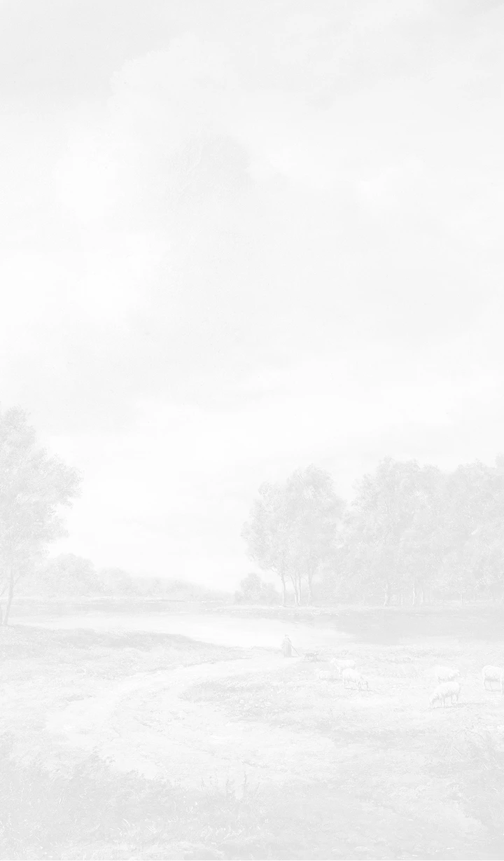 A faded, high-exposure landscape painting in soft white and grey tones, depicting a river, trees, and a distant figure with sheep.